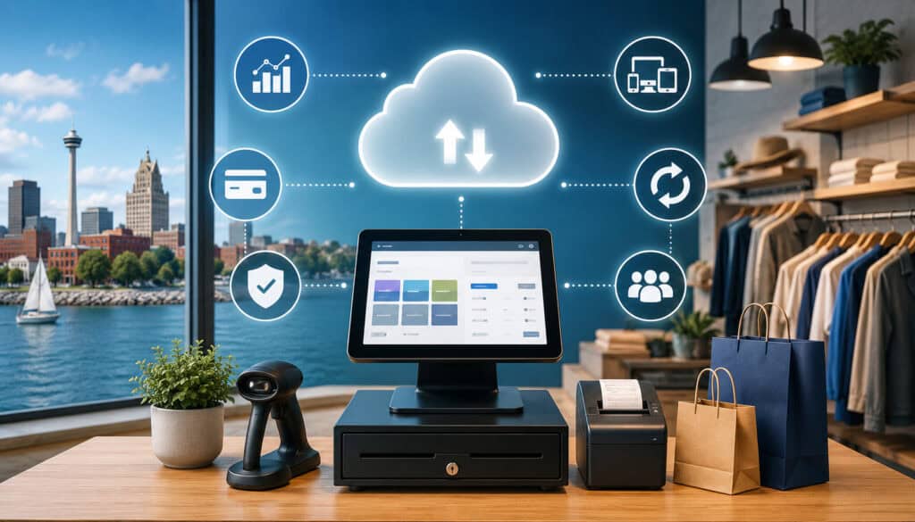 Cloud-based POS system in a modern Erie retail store with connected payment, inventory, security, and analytics icons displayed in the background