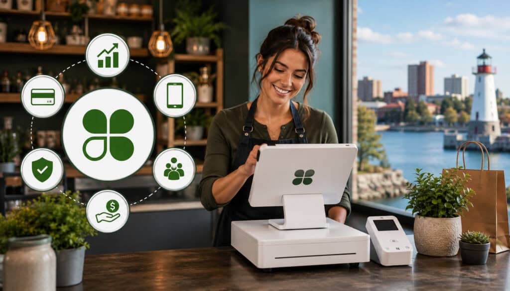 Small business owner using a Clover POS system in a modern Erie retail café with digital payment, security, customer management, and business growth icons displayed in the background