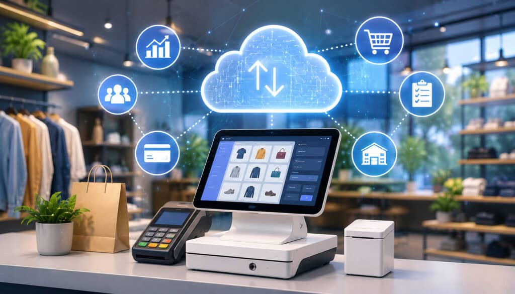 Modern cloud-based POS system in a retail store with touchscreen checkout terminal, payment device, cloud connectivity icons, inventory management symbols, and digital retail technology background