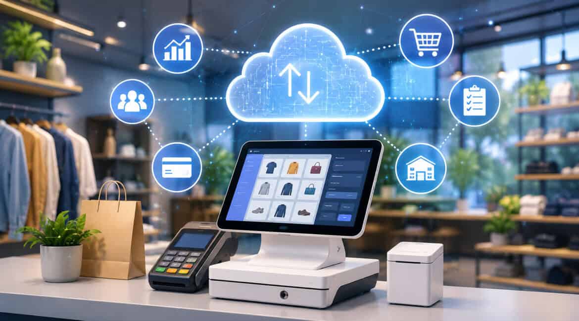 Modern cloud-based POS system in a retail store with touchscreen checkout terminal, payment device, cloud connectivity icons, inventory management symbols, and digital retail technology background
