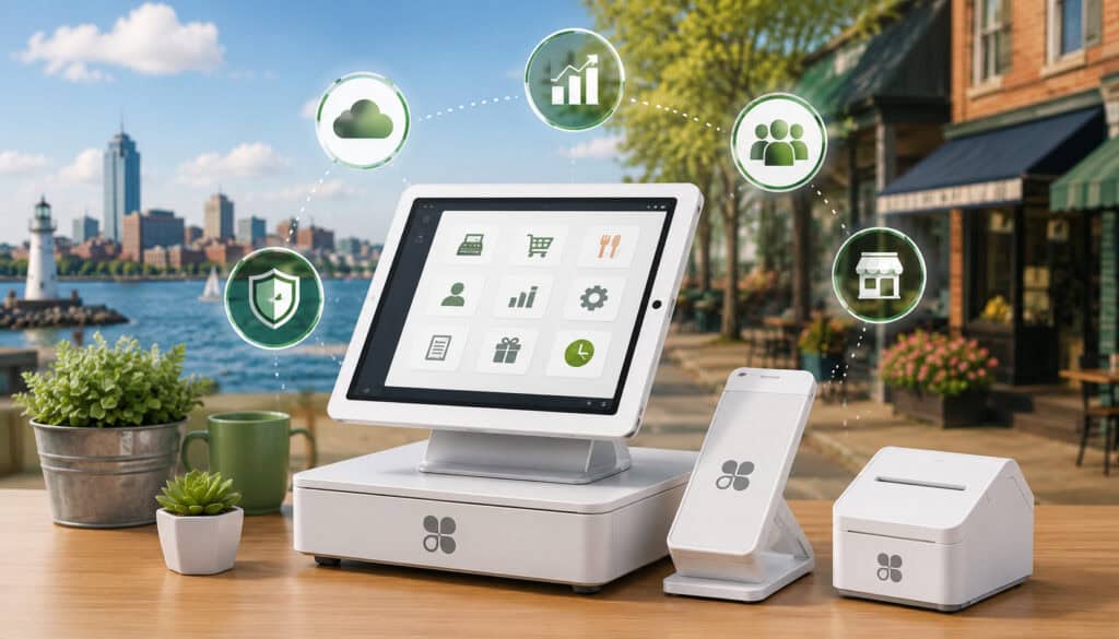 Modern Clover POS system setup for Erie businesses featuring touchscreen payment terminal, receipt printer, mobile device, and retail management icons with a waterfront city background