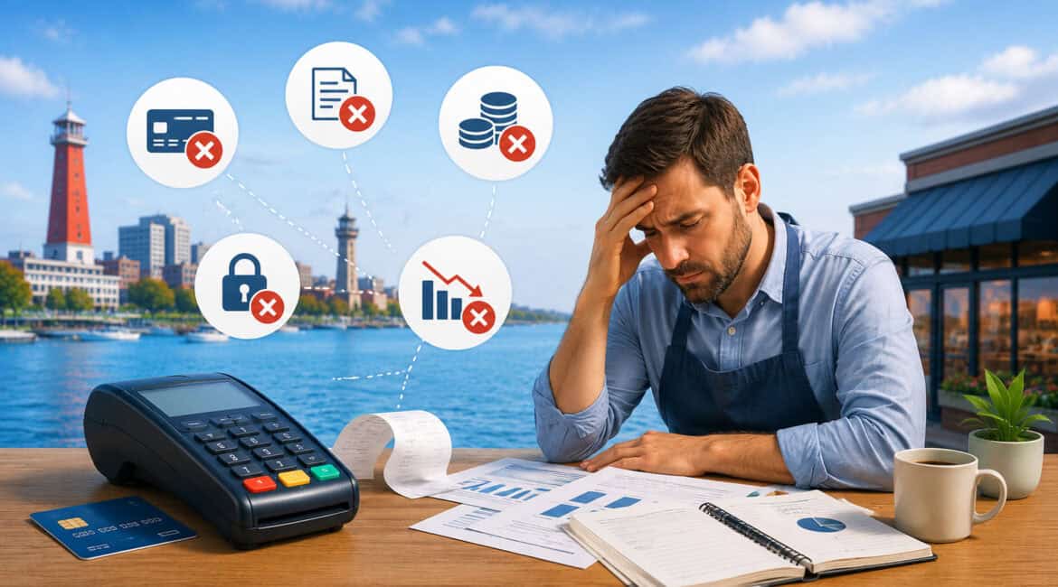 Illustration of an Erie business owner facing merchant service mistakes with payment terminal, financial reports, warning icons, and waterfront city background