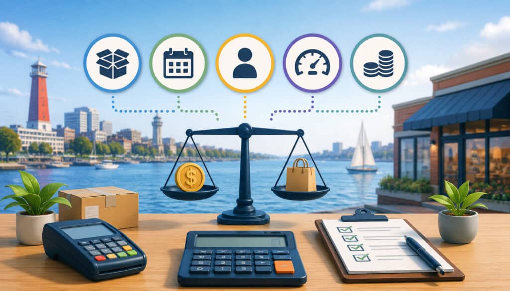 Illustration of common merchant pricing models with payment terminal, calculator, financial icons, and Erie waterfront business background