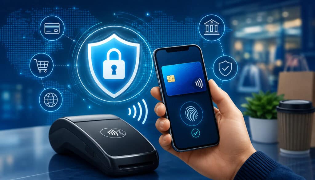Illustration of secure contactless payment using a mobile wallet app with NFC terminal, digital security shield, and fintech icons representing mobile payment protection