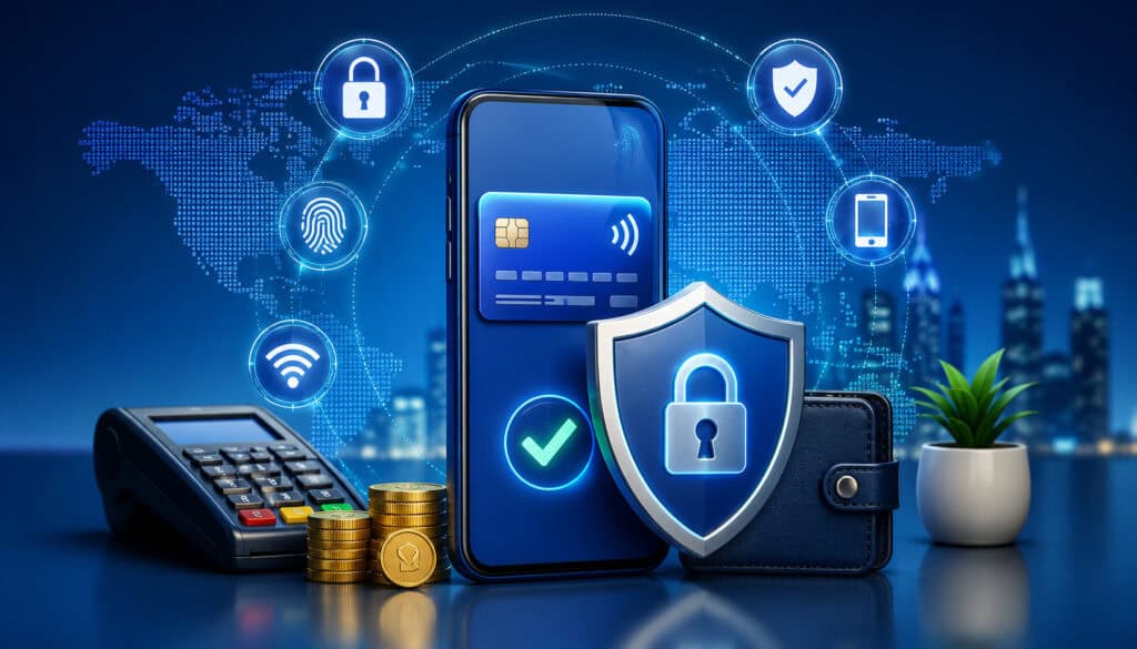 Secure mobile payment illustration featuring smartphone digital wallet, cybersecurity shield, biometric authentication icons, contactless payment terminal, and encrypted transaction elements