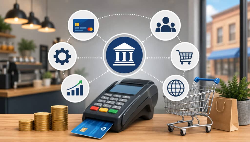 Illustration of Erie merchants reviewing payment processing interchange fees with retail checkout terminals, credit cards, analytics charts, and financial icons in a modern business setting