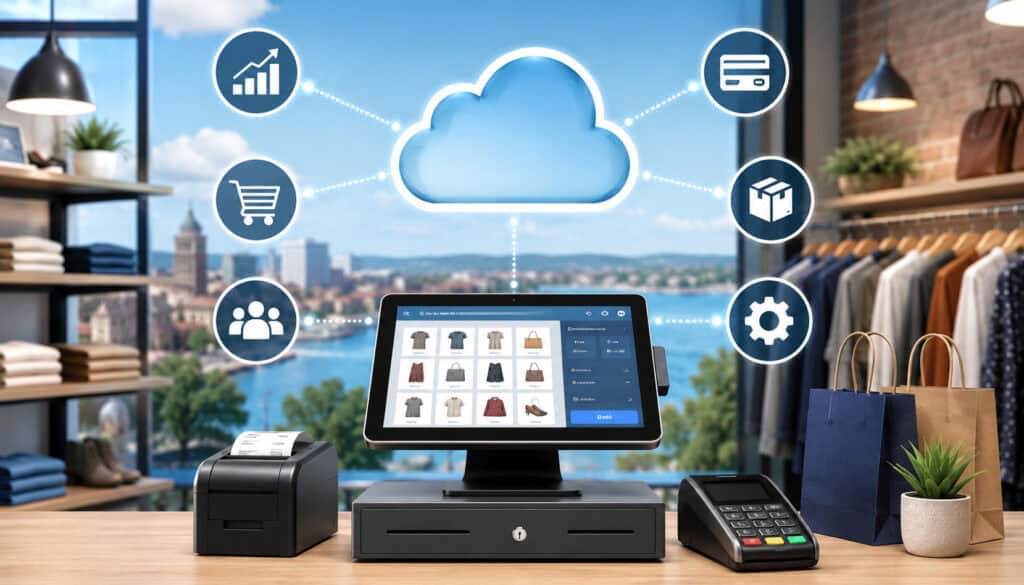 Cloud POS system illustration for Erie retailers showing connected retail technology, digital payments, inventory management, and cloud-based business operations in a modern store environment