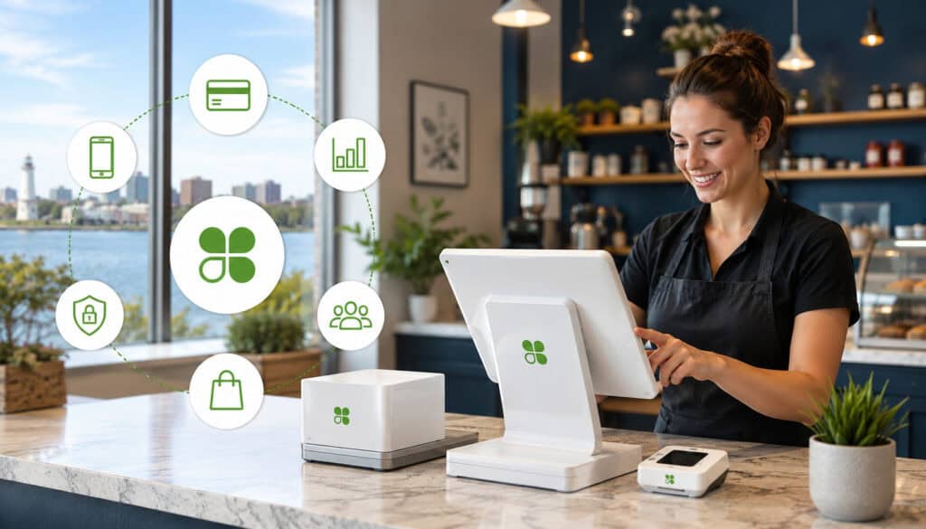 Modern Clover POS system in an Erie retail business with contactless payment, customer checkout, and digital commerce icons in a professional storefront setting