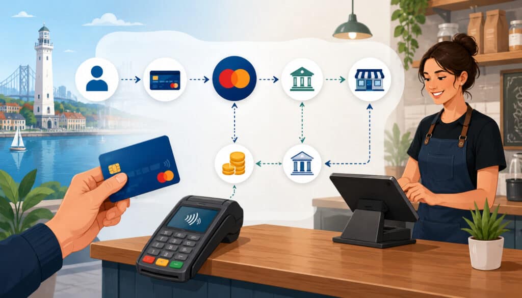 Illustration of a small Erie business processing card payments with POS terminal, credit card transaction flow, banking icons, and interchange fee payment network concept in a modern retail setting