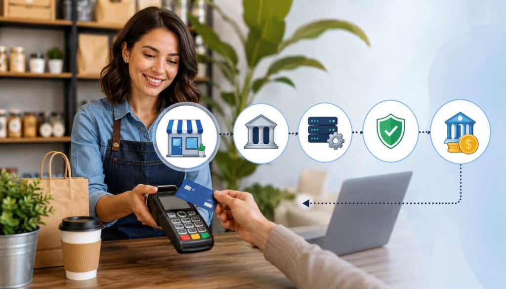 Small business owner processing a card payment with merchant account transaction flow icons showing bank, payment processor, security, and fund settlement