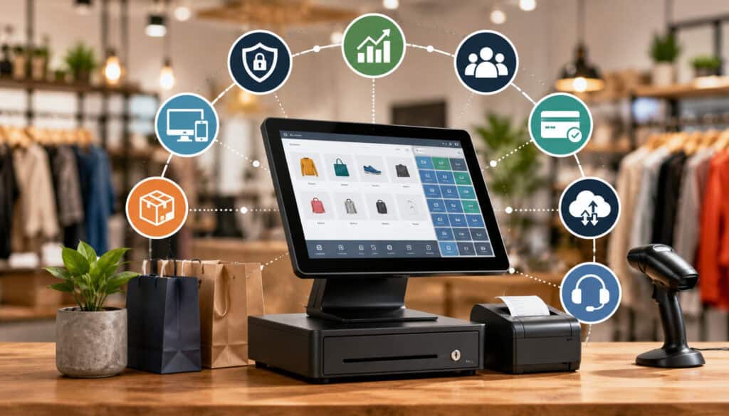 Modern retail POS system in an Erie retail store with touchscreen terminal, barcode scanner, receipt printer, and business management feature icons