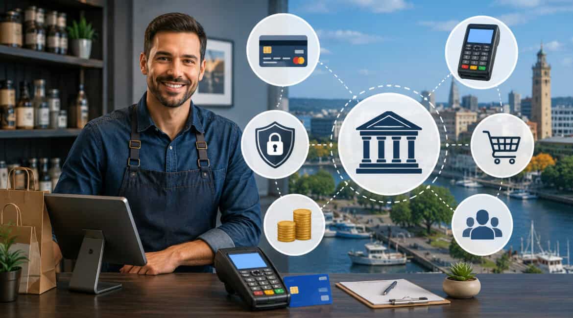 Small business owner in Erie using merchant account payment solutions with POS terminal, credit card processing icons, banking symbols, and secure digital payment illustration