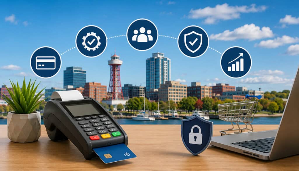 Modern merchant services illustration for Erie PA featuring POS payment terminal, secure payment processing icons, business analytics symbols, and digital commerce workspace with Erie waterfront skyline in the background