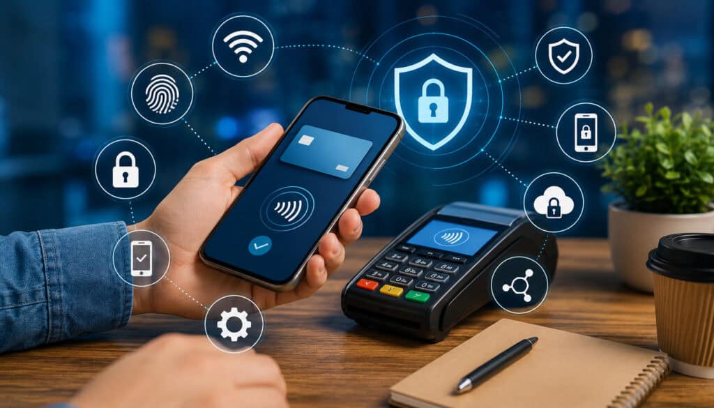 Mobile payment security illustration showing smartphone contactless payment, secure POS terminal, digital encryption icons, biometric authentication symbols, and cybersecurity protection elements in a modern business environment
