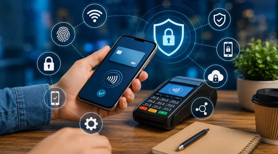 Mobile payment security illustration showing smartphone contactless payment, secure POS terminal, digital encryption icons, biometric authentication symbols, and cybersecurity protection elements in a modern business environment