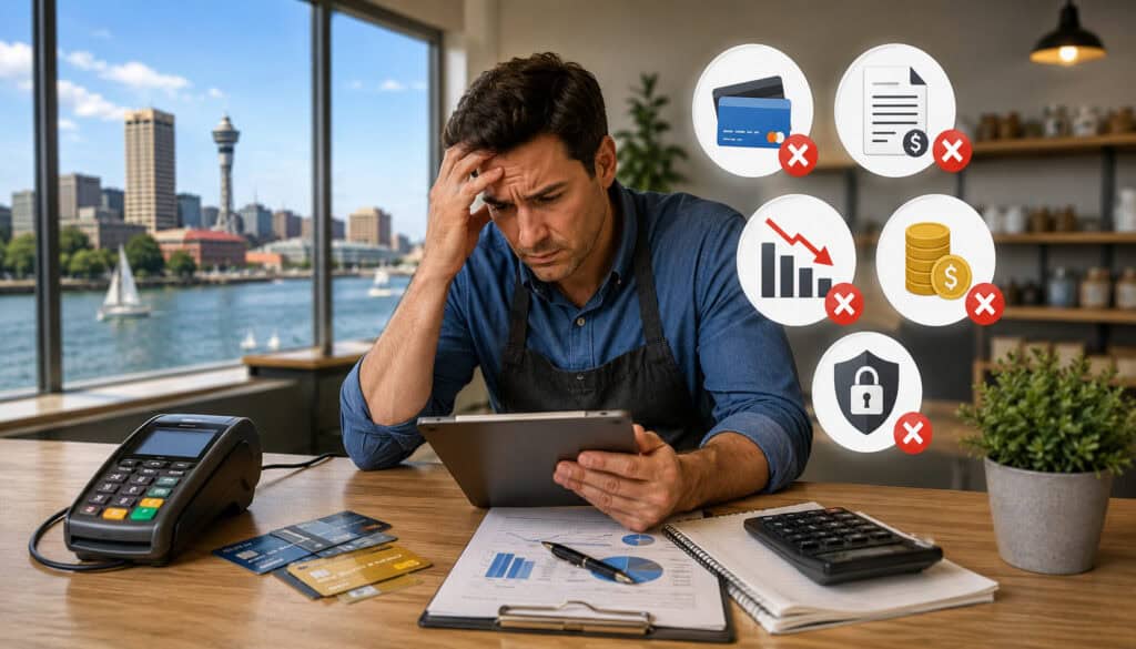 Business owner reviewing payment processing reports with POS terminal and financial warning icons representing common merchant service mistakes in Erie