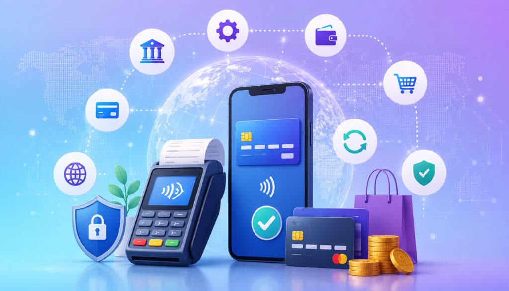 3D illustration of digital payment processing ecosystem with smartphone payments, POS terminal, credit cards, security shield, shopping icons, and fintech integrations on a global technology background