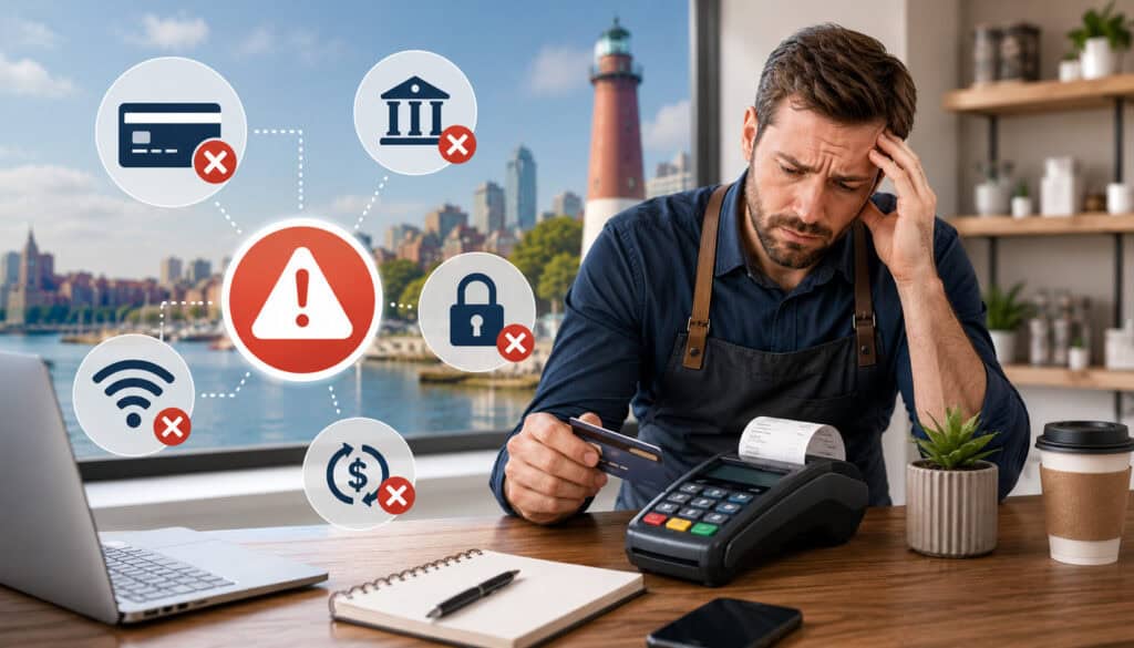 Illustration of an Erie small business owner facing payment processing issues with POS terminal errors, security alerts, and transaction problem icons in a modern retail setting