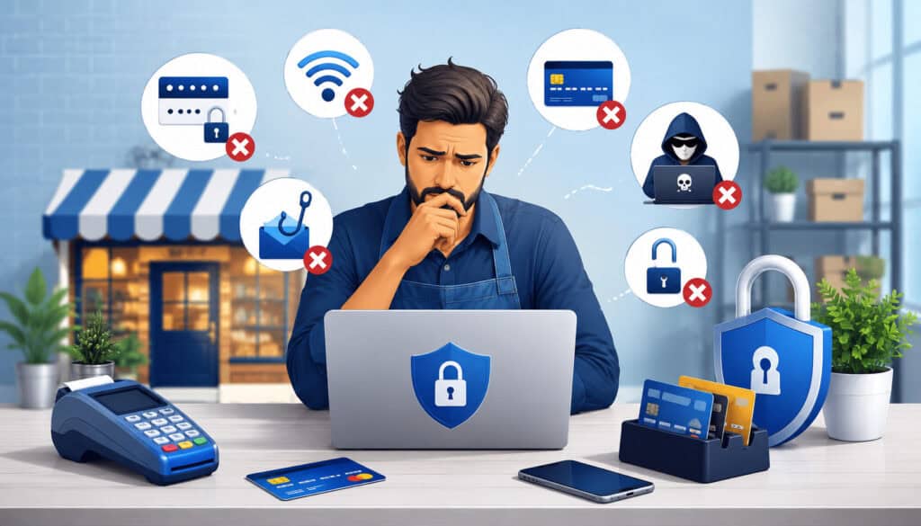 Small business owner reviewing online payment security risks with cybersecurity warning icons, payment devices, phishing alerts, and secure transaction protection illustration