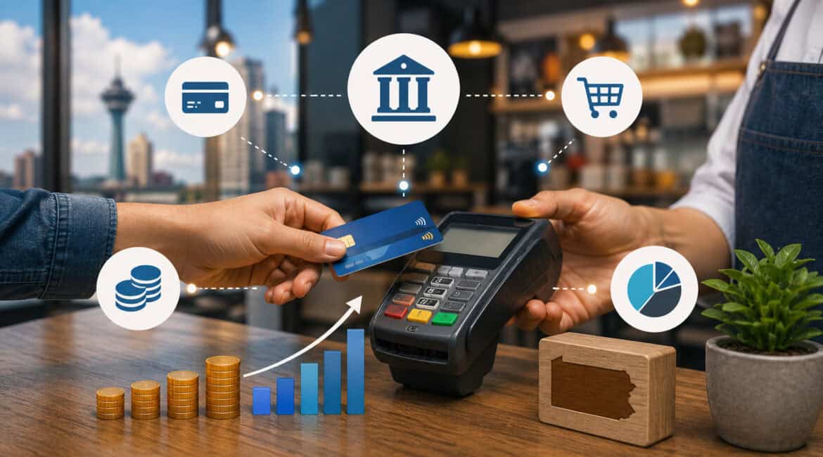 Illustration of a retail merchant in Erie analyzing credit card interchange fees with payment terminals, digital transaction icons, financial charts, coins, and secure payment technology in a modern storefront setting