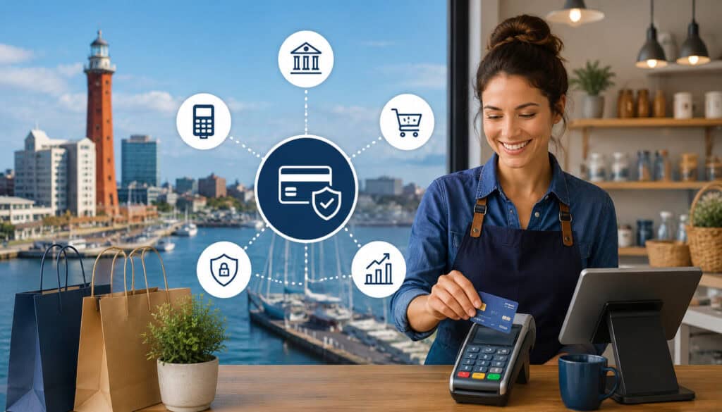 Professional Erie small business owner processing a secure card payment with merchant account technology, digital payment icons, and waterfront city background illustration