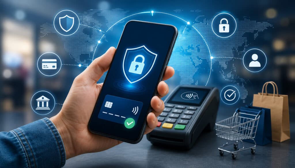 Secure mobile payment processing illustration showing smartphone contactless payment, digital security shield, POS terminal, and encrypted transaction icons in a modern retail environment