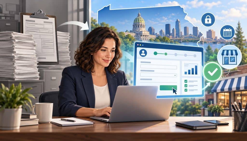 Business owner transitioning from PA-100 paperwork to myPATH online registration.