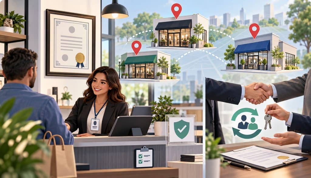 Business license display, multiple locations, and ownership transfer illustration